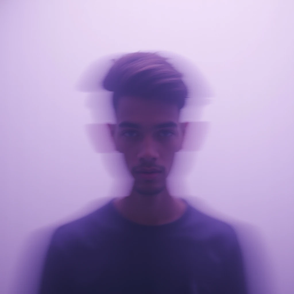 Silhouette of a young man is blurred in an 81% It has a filter the image looks light purple soft