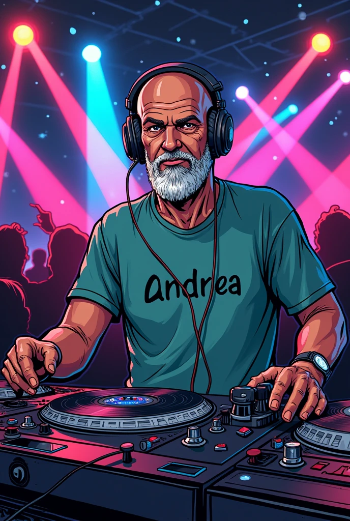 DJ,Laser,dj with t-shirt with inscription ANDREA, headphones, record player, records, techno, comic style, middle age, three day beard, club,