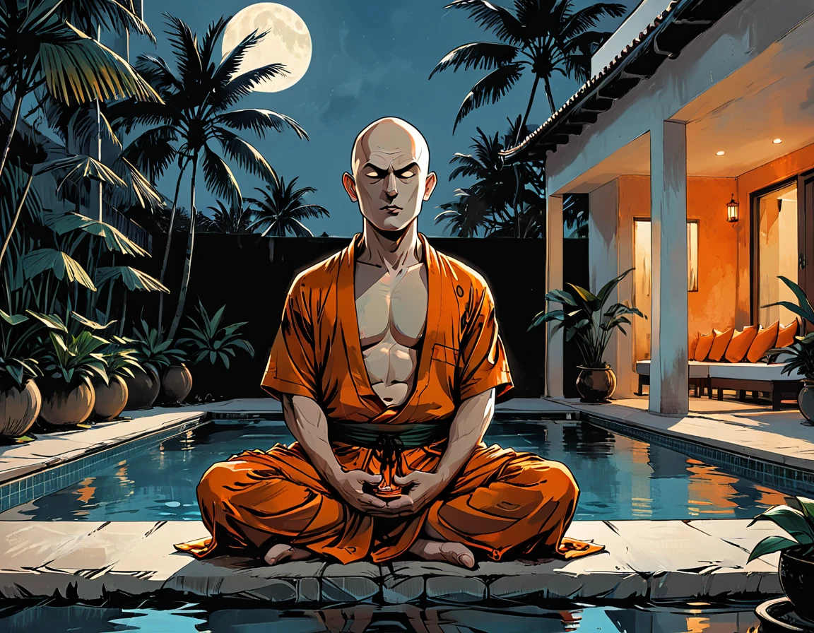 ((night)), dark, deep shadow, ((open mouth)),blind Buddhist monk sitting in lotus position next to the pool at the white hotel, tropical, palm, white hotel, pool, round face, white eyes, no eyebrows, no hair, bald, paw-eared, round cheeks, narrow lips, man, white sclera eyes, Whitewash Eyes, ((((orange Kashaya)))), graphic style of novel comics, perfect hands, 2d,
8k, hyperrealism, masterpiece, high resolution, best quality, ultra-detailed, super realistic, Hyperrealistic art, high-quality, ultra high res, highest detailed, lot of details, Extremely high-resolution details, incredibly lifelike, colourful, soft cinematic light,
