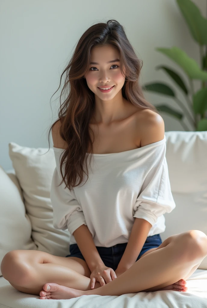 Photorealistic, young woman, long brunette hair, brightly smiling, no makeup, looking down, wearing off-shoulder long white t-shirt, wearing navy blue panties, barefoot, sitting on a plush white couch, inside a brightly lit modern living room