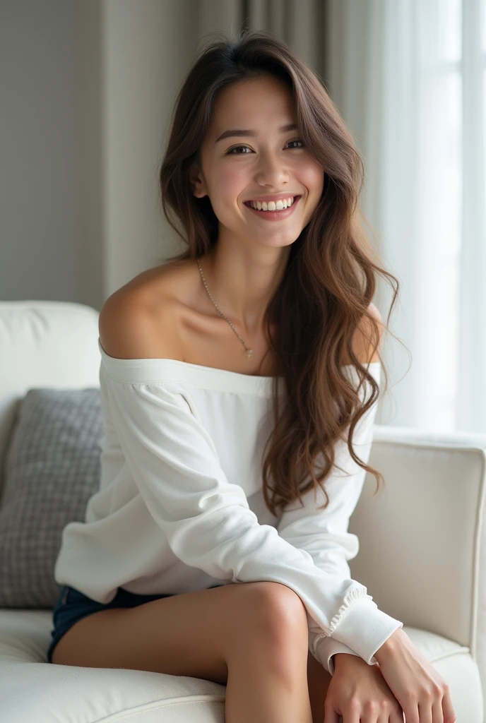 Photorealistic, young woman, long brunette hair, brightly smiling, no makeup, looking down, wearing off-shoulder long white t-shirt, wearing navy blue panties, barefoot, sitting on a plush white couch, inside a brightly lit modern living room