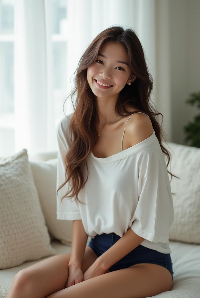 Photorealistic, young woman, long brunette hair, brightly smiling, no makeup, looking down, wearing off-shoulder long white t-shirt, wearing navy blue panties, barefoot, sitting on a plush white couch, inside a brightly lit modern living room