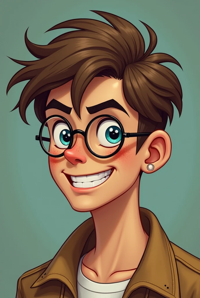 20 year old boy with light brown hair, disheveled, mod-cut court. Round almond-shaped eyes in light blue, long eyelashes and thin eyebrows. Turned-up nose glasses, thicker upper lip, straight white teeth, freckles on the cheekbones, oval face nose, low facial fat,marked jaw Thin