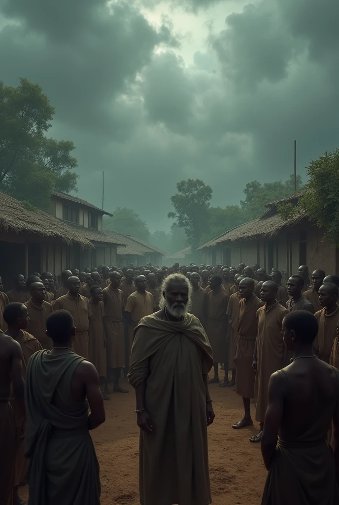 Le village de Nkosana en effervescence : Les villageois se rassemblent autour de l'Ancienne, discutant avec inquiétude et espoir. L'atmosphère est tendue, avec des nuages sombres couvrant le ciel et une lumière inquiétante baignant le village.