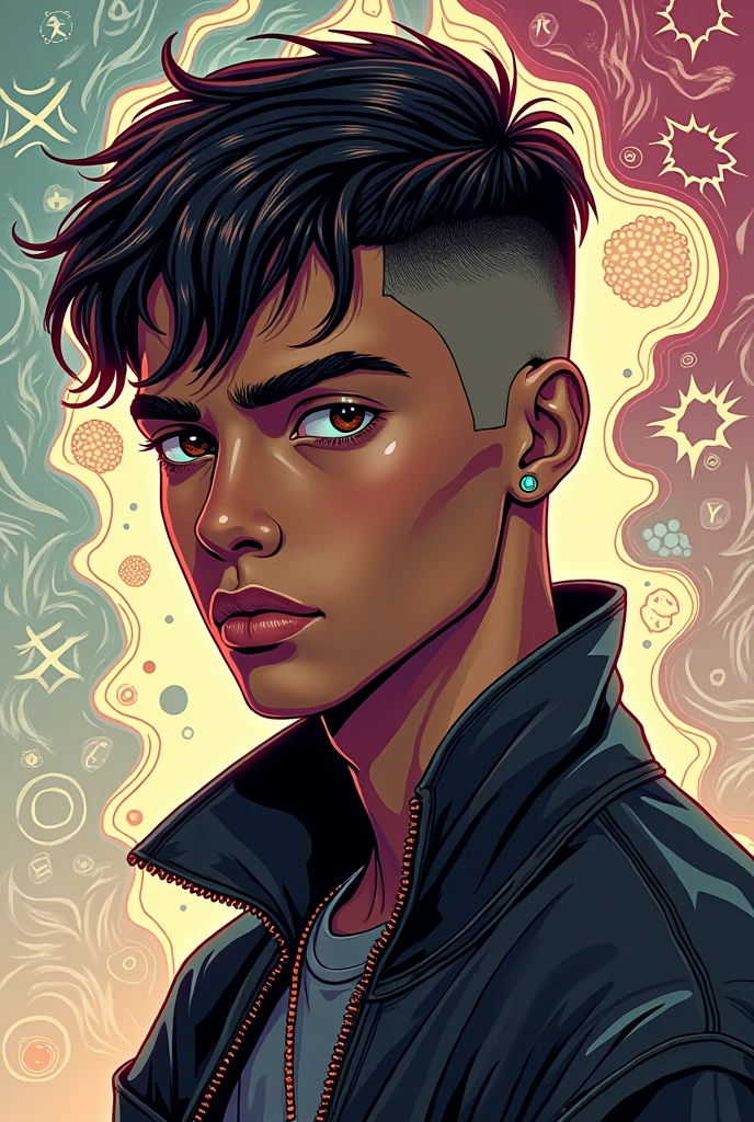 male teenager,low fade haircut,brown skin ,eyes browns, unrealistic drawn image full body 
