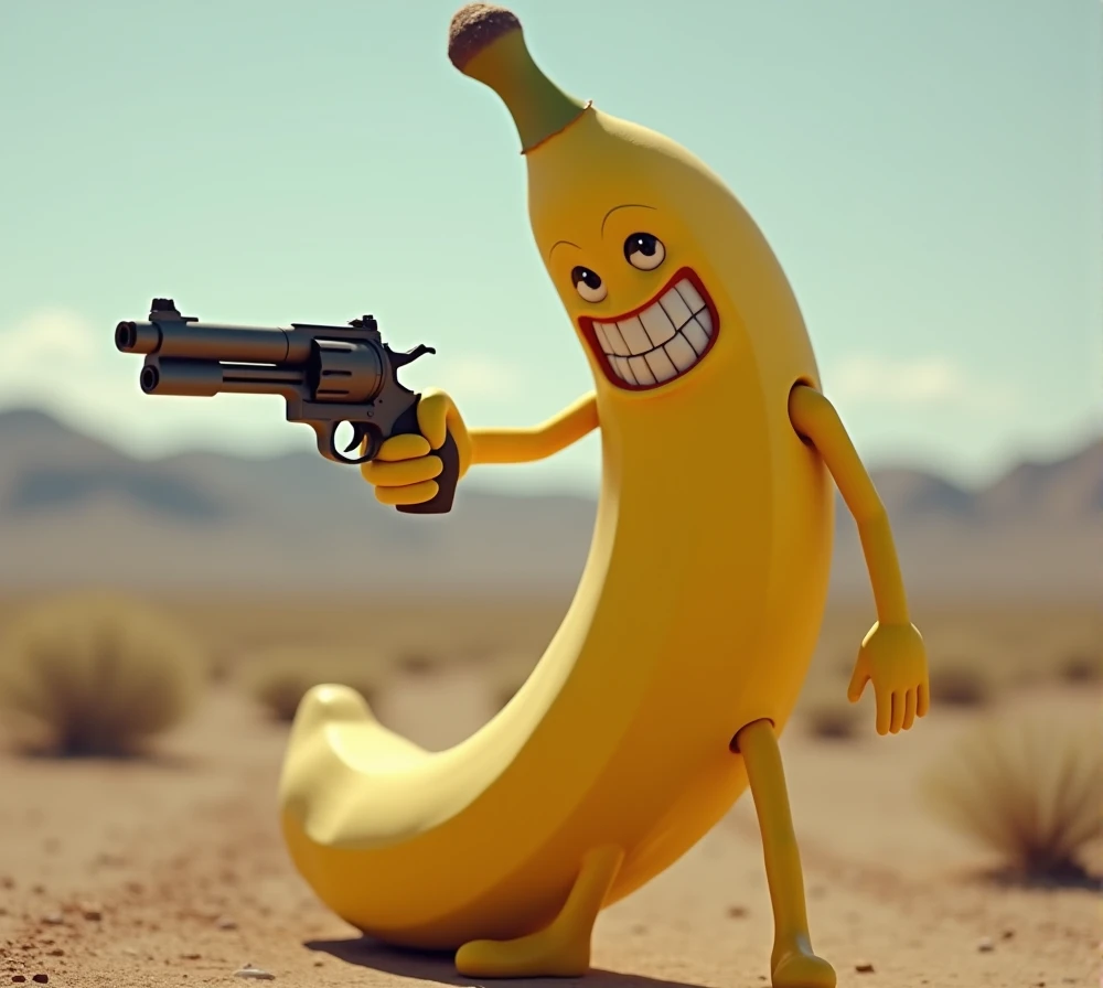 a human banana, smiling and aiming a gun to the west