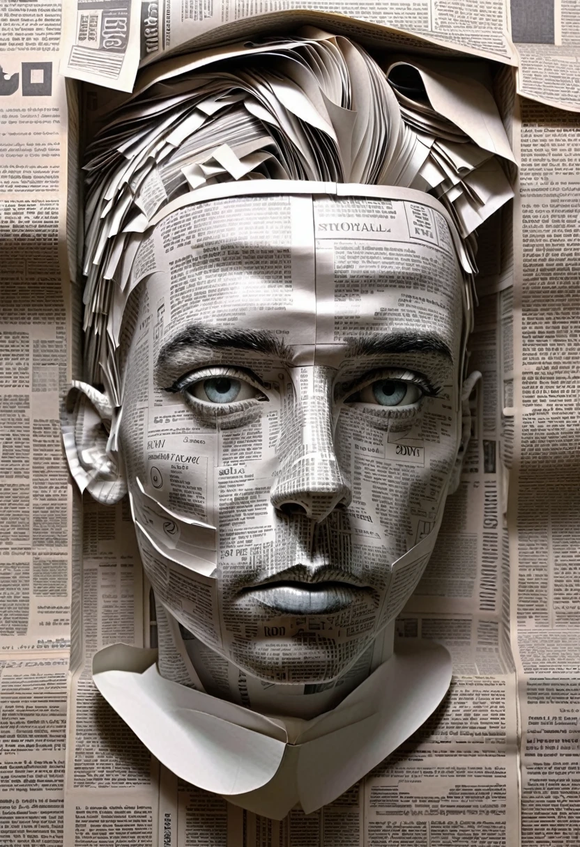  arafed image of a newspaper with a paper cut out of a head, 3D portrait, complicated 3d illustration, newspaper illustration, Detailed head, 3D illustration, newspaper photography, by Matt Stewart, printed on paper, newspaper, Detailed 3D digital art, hyper detailed face, inspired by Igor Morski, newspaper style, made of paper, Futuristic typography