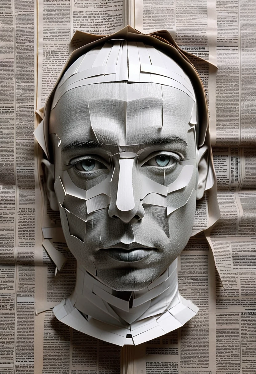  arafed image of a newspaper with a paper cut out of a head, 3D portrait, complicated 3d illustration, newspaper illustration, Detailed head, 3D illustration, newspaper photography, by Matt Stewart, printed on paper, newspaper, Detailed 3D digital art, hyper detailed face, inspired by Igor Morski, newspaper style, made of paper, Futuristic typography