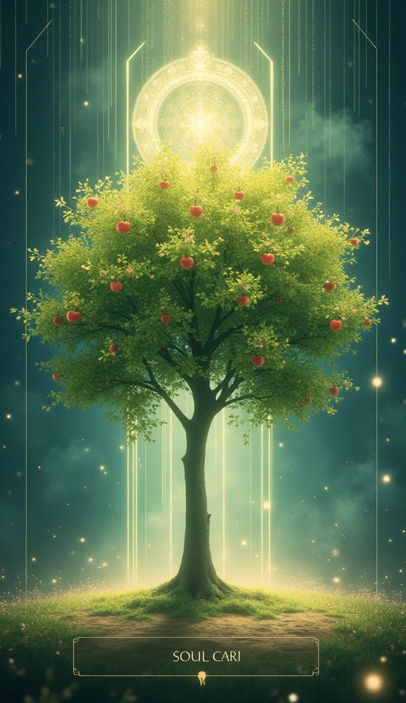 Realistic, (Best Quality, masutepiece:1.3),Apple tree,soul card, Line, light Particle, No humans,