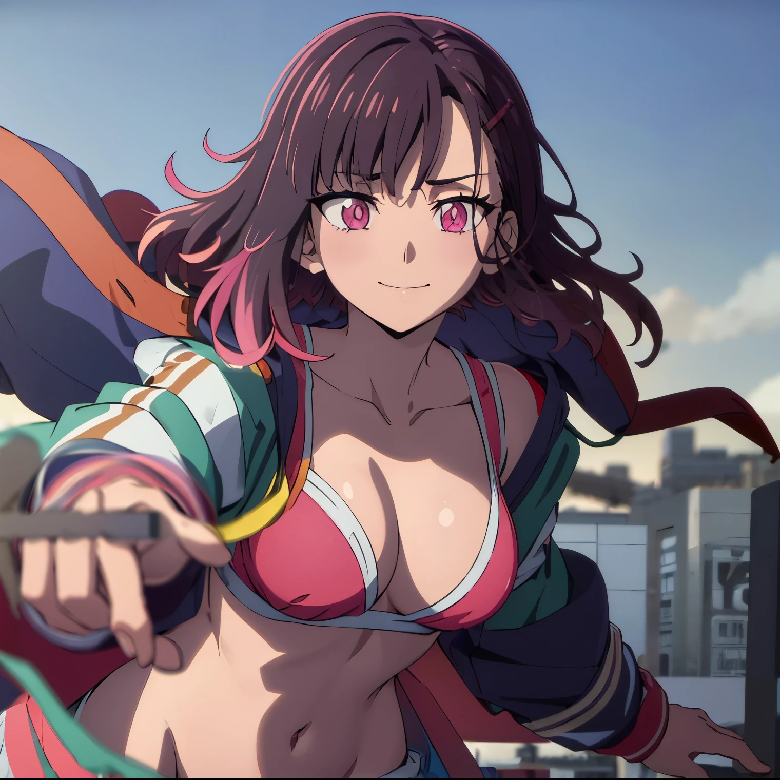 ((1girl)),((alone)),shizuka mikazuki, (zom 100),(masterpiece), (best quality), (ultra detailed), (best illustration), (best shadow), (absurdities), focus sharp, cowboy shot, atmospheric perspective, depth of field, dynamic posture looking at viewer, medium breasts, narrow waist, wide hips, wide thighs, round butt, erotic, romantic, (highly detailed eyes, 1.1 lips), highly detailed eyes , eyes, Very detailed face, Very beautiful face, Symmetrical face, Aesthetic face, perfect face, perfect eyes, detailed eyelashes: 1.5), full height, beautiful slim figure, femininity, expressive appearance, elastic medium breasts, sexuality, half-open lips, short hair, purple hair, hair ornament, hairpin, (pink eyes: 1.5), swept bangs, navel, exposed waist, neckline, collarbone, jacket, open clothing, abdomen, hood, open jacket, multicolored jacket, hooded jacket , sports bra, pink bra, sports shorts, pink shorts, hood down, black stockings, white tennis shoes, , hand on hip, curves, defined body, Perfect and beautiful body, perfect and beautiful, closed mouth, flirtatious expression, smile, blushing, (sexy pose: 1.2), ((only)), standing: 1.3, ((outdoor ,cityscape,desolate landscape,zombies,chaos,burning cars, debris, rainy,)),looking forward,((focus on hips)), point of view:(from middle), perfect anatomy, perfect hands