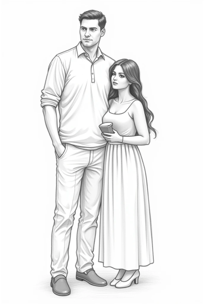 um casal, one man and one woman, Tall man, Short woman, dressed in modest clothing. pencil draw