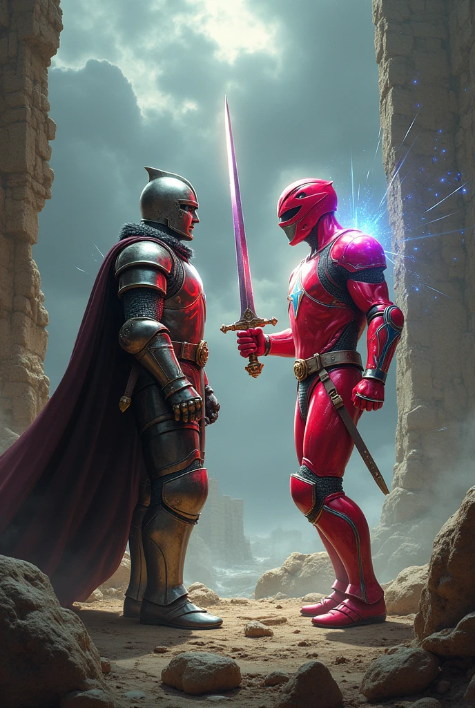 A Templar Knight fighting a Power Ranger