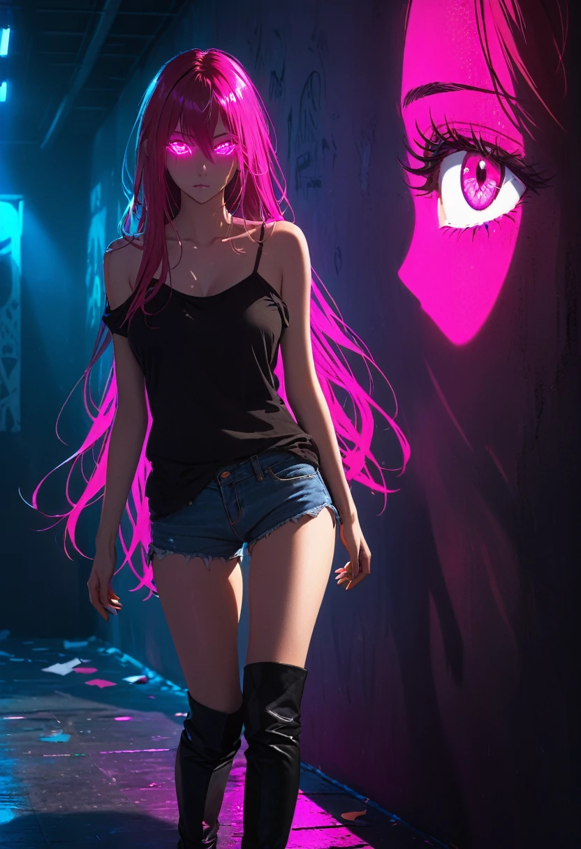 (Portrait of a mysterious giant eye), interior, fluorescent lighting, (Darkness shrouded, wall background, Black background, shadow, extreme darkness:2.0), Minimalist graffiti style background, Fluorescent Pink Eyes Graffiti, dark atmosphere, 1 girl, Black oversized t-shirt, medium breasts, T-shirt without waist, under the chest, blurred background, blurred closeup, Neon pink shiny hair, neon pink shiny eyes, bare shoulder, presenting armpit, kneel on the ground, incredibly long hair, messy hair, Low-rise denim shorts, Over the knee boots, pink eye shadow, Eye of destruction, Poker face, silhouette, cowboy shot, Surrealism, perspective, cowboy shot, to throw, HD, anatomically correct, Super detail, Best Quality, 16k, masterpiece