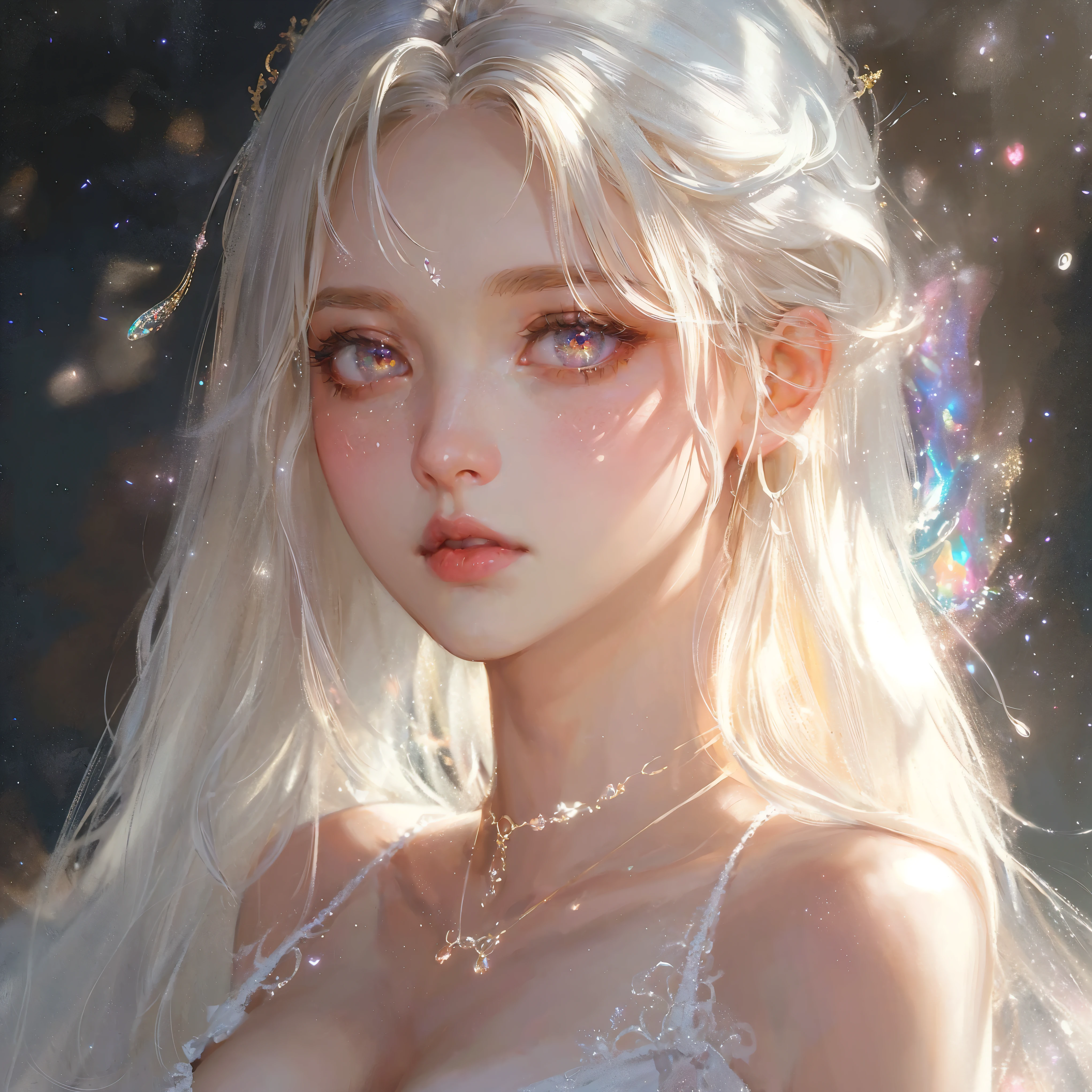 1girl, solo, beautiful detailed eyes, beautifully detailed lips, pale skin, delicate features, porcelain-like complexion, elegant pose, graceful posture, ethereal beauty, light atmosphere, soft and subtle lighting, delicate, fine brushstrokes, realistic rendering, vibrant colors, dreamlike ambiance, soft painting style, a sense of tranquility, a masterpiece capturing the essence of purity and grace, gorgeous breasts, cleavage, sexy, ((aesthetic soft painting background)), (Style by NTY), sexy, ((rainbow glowing specks on the skin)), ((wet skin)), mascara, eyelashes, glitter on her face, sexy lips, nice contrast, light particles, soft lighting, volumetric lighting, finely detailed, ((big breasts)), (((looking at the viewer))), extremely beautiful eyes, Extremely detailed eyes, light-colored eyes, post-Impressionist, rich gradient, extreme colors, extreme details, clear light perception, a fantasy or mythical character, elegant, anime-inspired, delicate features, long white hair, soft lighting, gentle shadows, pastel palette, graceful pose, refined attire, serene mood, romantic, ethereal atmosphere, detailed rendering, contemporary illustration style, subtle highlights, fantastical, ethereal figure, delicate features, blonde flowing hair, soft lighting, iridescent wings, antlers, glowing highlights, dark background, subtle color transitions, purples, blues, and soft golds, dreamy, mysterious atmosphere, fantasy-inspired style, enchanting mood, high-detail rendering, otherworldly beauty
