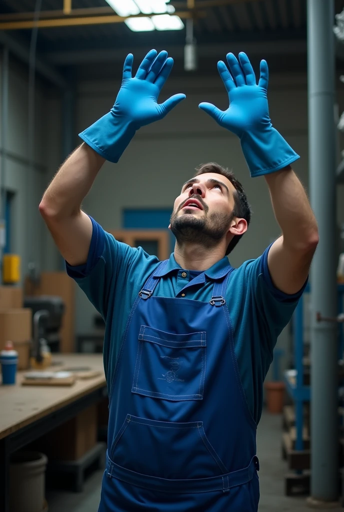 man on side raising his arms, receiving something with open hands and not so close together, wearing his blue gloves, Blue mechanic&#39;s apron, blue shirt