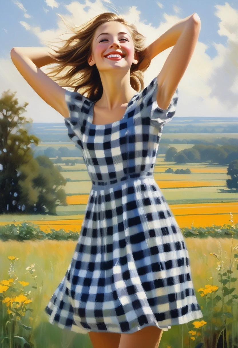 (scene of joy) a young dreamy girl joyfully inhales fresh air with her arms spread, a sweet joyful smile, in a checkered dress (in the style of Tom Lovell), ((fresh oil palette canvas/acrylic)), Intricate, Extreme Detail, Complex key, ((Single Shot)), ((Best Quality)), ((Masterpiece)), ((Realistic)), 8k