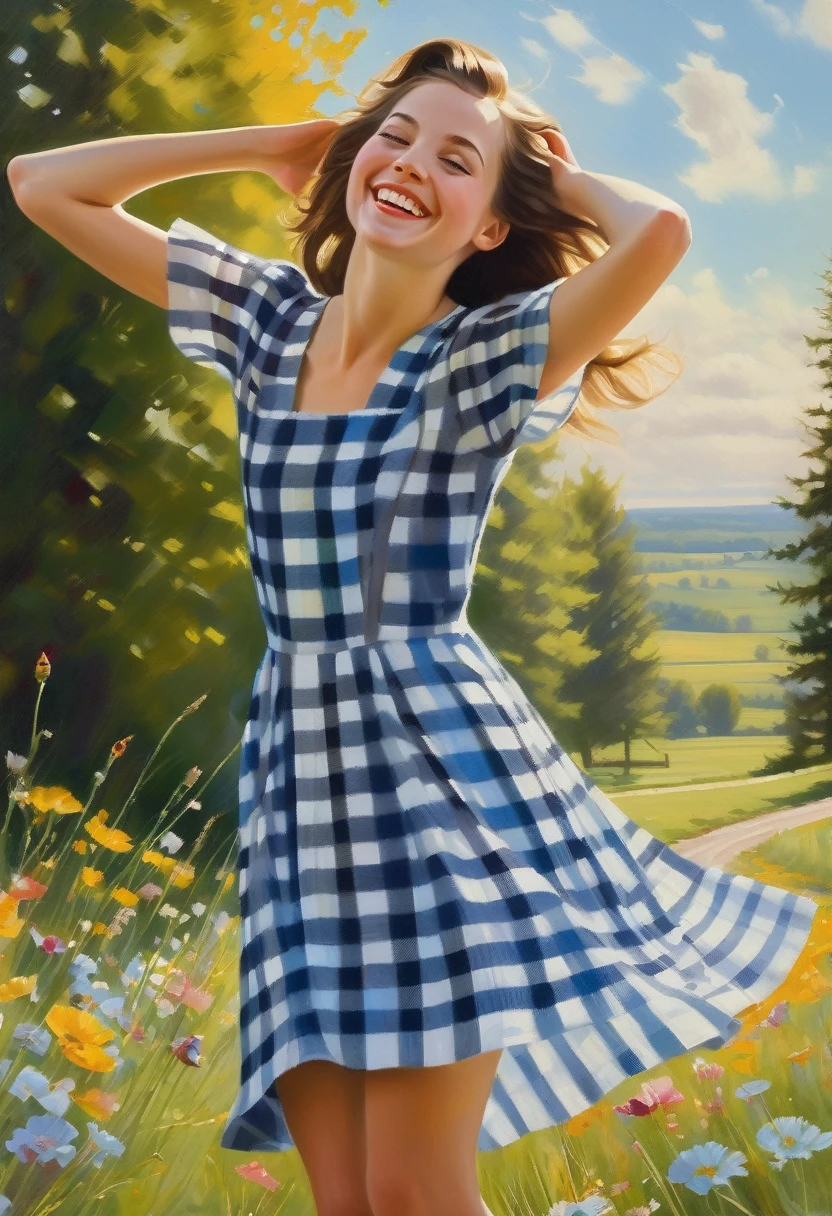 (scene of joy) a young dreamy girl joyfully inhales fresh air with her arms spread, a sweet joyful smile, in a checkered dress (in the style of Tom Lovell), ((fresh oil palette canvas/acrylic)), Intricate, Extreme Detail, Complex key, ((Single Shot)), ((Best Quality)), ((Masterpiece)), ((Realistic)), 8k