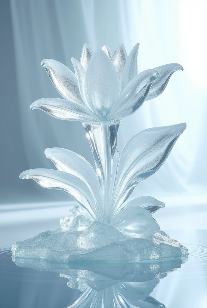 Ice sculpture in flower shape, in the water, bright background, studio lighting,romantic style, glass-like sculptures, frozen movement,high details,expensive style,pop style, high details white and silver tone