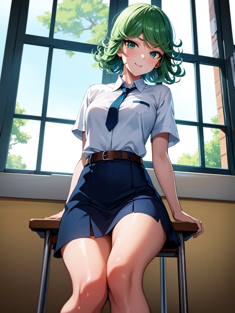 (high res, 8K, masterpiece, looking at viewer, best quality, very aesthetic, ultra detailed, ultra background, ultra Eyes) intricate details, 1girl, Tatsumaki, Chibi, short sleeved white shirt, Dark Blue short skirt, Pockets on the left chest, Dark Blue tie, Wearing a belt, green short hair, green eyes, Laughing Face, Sit on the Chair, Background Windows, Clasroom, Cinematic Angle