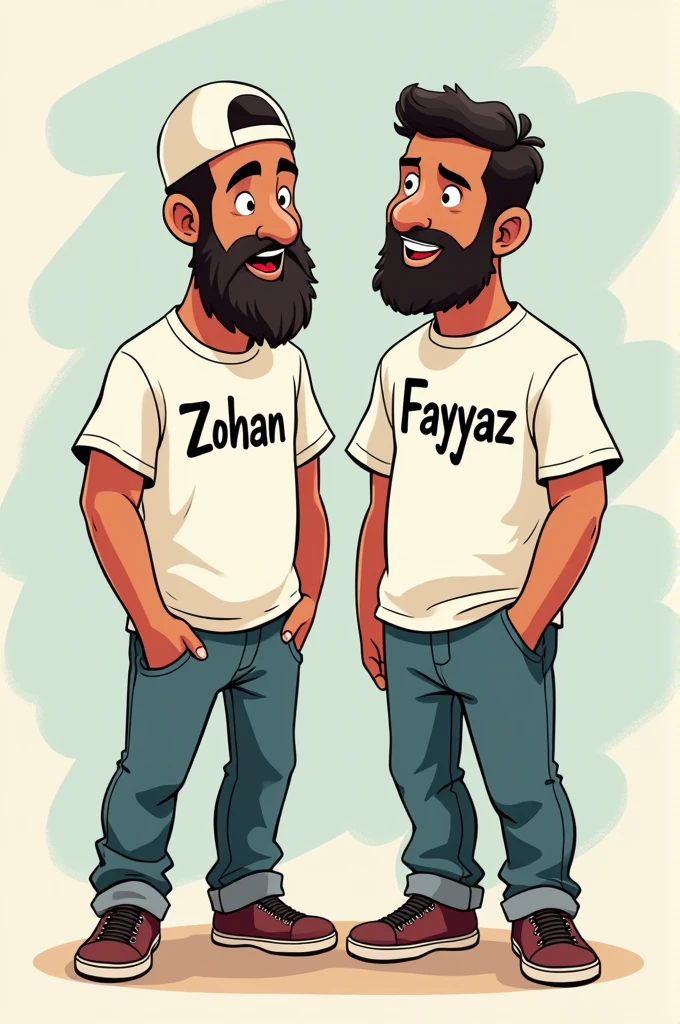 Two boy friend muslim write name on there tshirt zohan and fayyaz adult men in cartoon graphic in medium bread