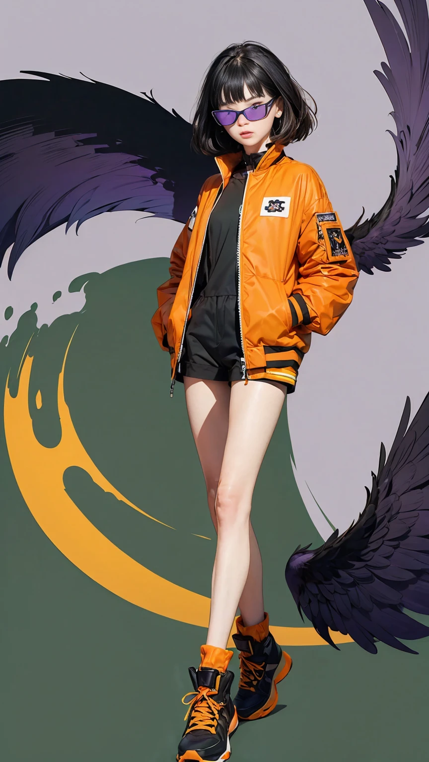 full body image, (ultra detailed,ultra high resolution,detailed background),((2d)),((flat color)),((dull color)), 1solo leaving the fog:1.5, looking at the viewer, baggy flight suit, oversized bomber jacket with sheepskin collar, (yellow, violet, cian, green, orange:1.3), plush collar, full body image, use VR glasses, ((Baron&#39;s Desert Intricut Fund)), ((apocalyptic city)), full body in frame, ((drone next to her))