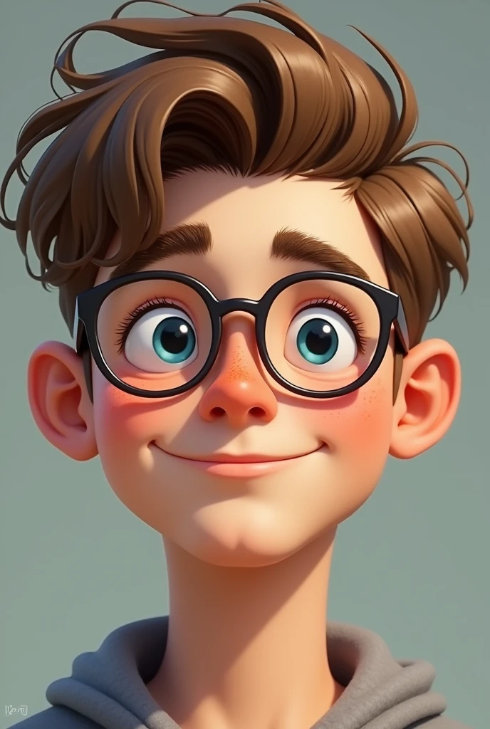 20 year old boy with light brown hair, disheveled, mod-cut court. Round almond-shaped eyes in light blue, long eyelashes and thin eyebrows. Turned-up nose glasses, thicker upper lip, freckles on the cheekbones, oval face nose, low facial fat,marked jaw Thin