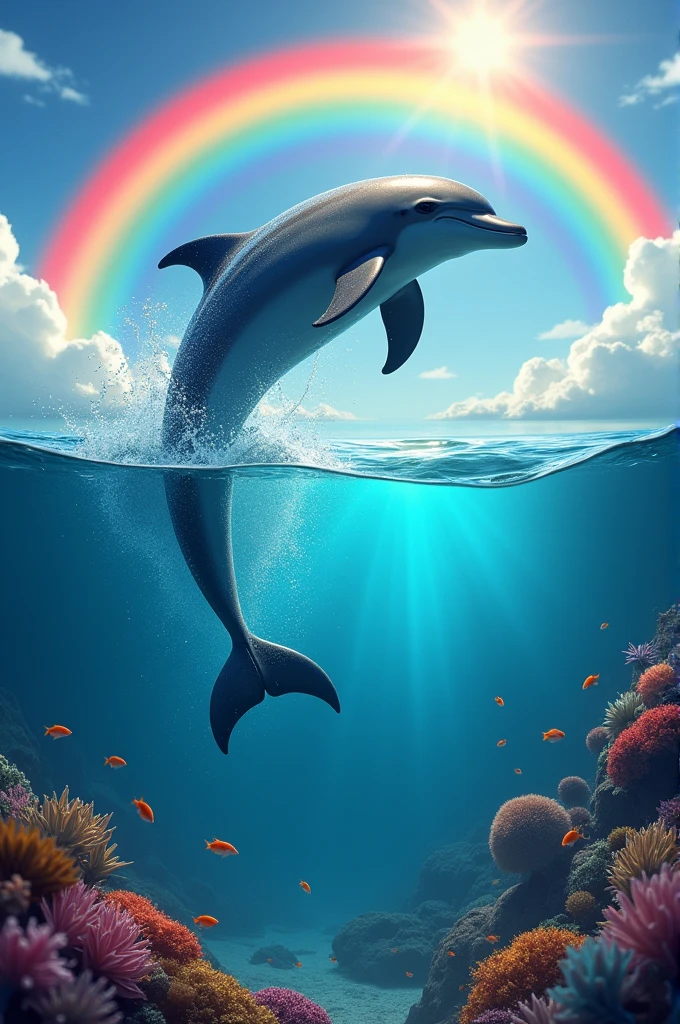 A dolphin jumping out of the sea behind a rainbow, allowing you to see the bottom of the sea and the cute