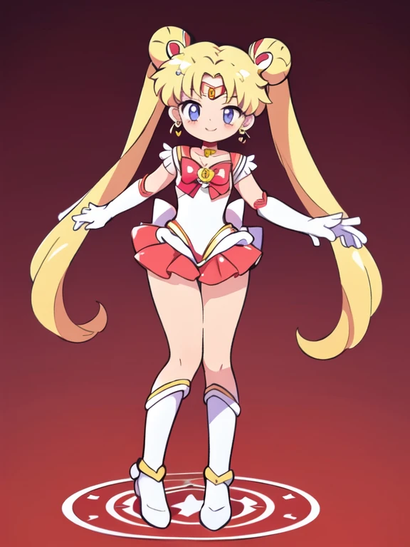 best quality, ultra-detailed, (1girl, solo, supersailormoon, double bun, twintails, circlet, jewelry, earrings, choker, red bow, white gloves, elbow gloves, miniskirt, thick arms, thick thighs,relaxed posture, elbows extended, standing, smile, knees ,,,),,  (crystal movies style:0.8)