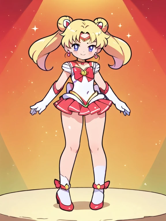 best quality, ultra-detailed, (1girl, solo, supersailormoon, double bun, twintails, circlet, jewelry, earrings, choker, red bow, white gloves, elbow gloves, miniskirt, thick arms, thick thighs,relaxed posture, elbows extended, standing, smile, knees ,,,),,  (crystal movies style:0.8)