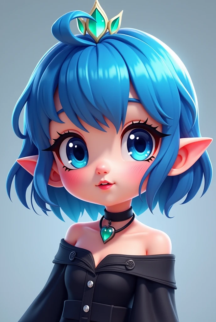estilo brawl stars, female character, younger, cute, short hair like hinata but phosphorescent blue like fire, gothic black clothing, large eyes, outlined, eyelash, shiny and green dencolot, , 5  appearance, little elf ears, black necklace with a heart, blushing, some chest, 2d, for 3d