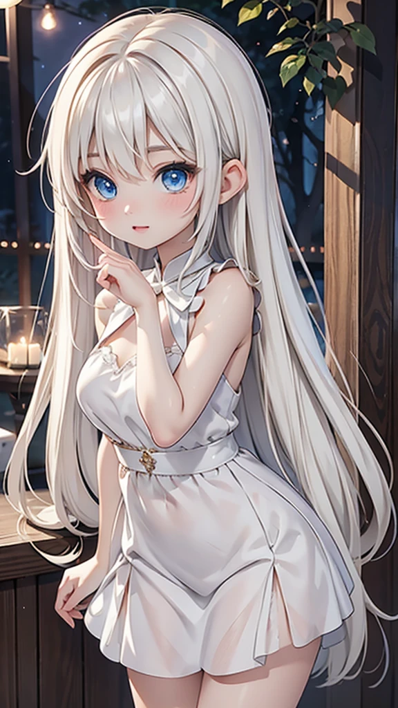 Late 20s European woman、Anime-style illustrations。Short stature with a youthful appearance、Fair skin。Short stature with a youthful appearance、Long, bright golden-white hair、Big Blue Eyes。Delicate and slender figure。Wearing a fairy-like elegant dress。Cute expressions and gestures。The background is a forest at night。Overall delicate and dreamy atmosphere。High-quality digital art。