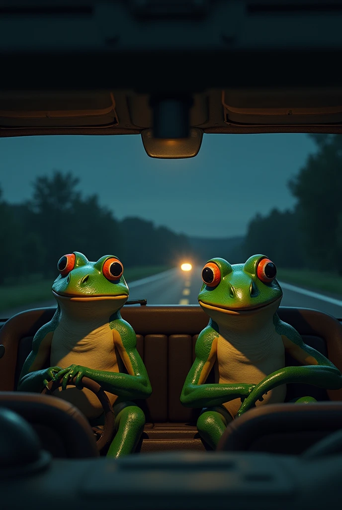 (photorealism:1.2), two human sized frogs in a truck drive home at night, they regret their actions tonight and sit in silence