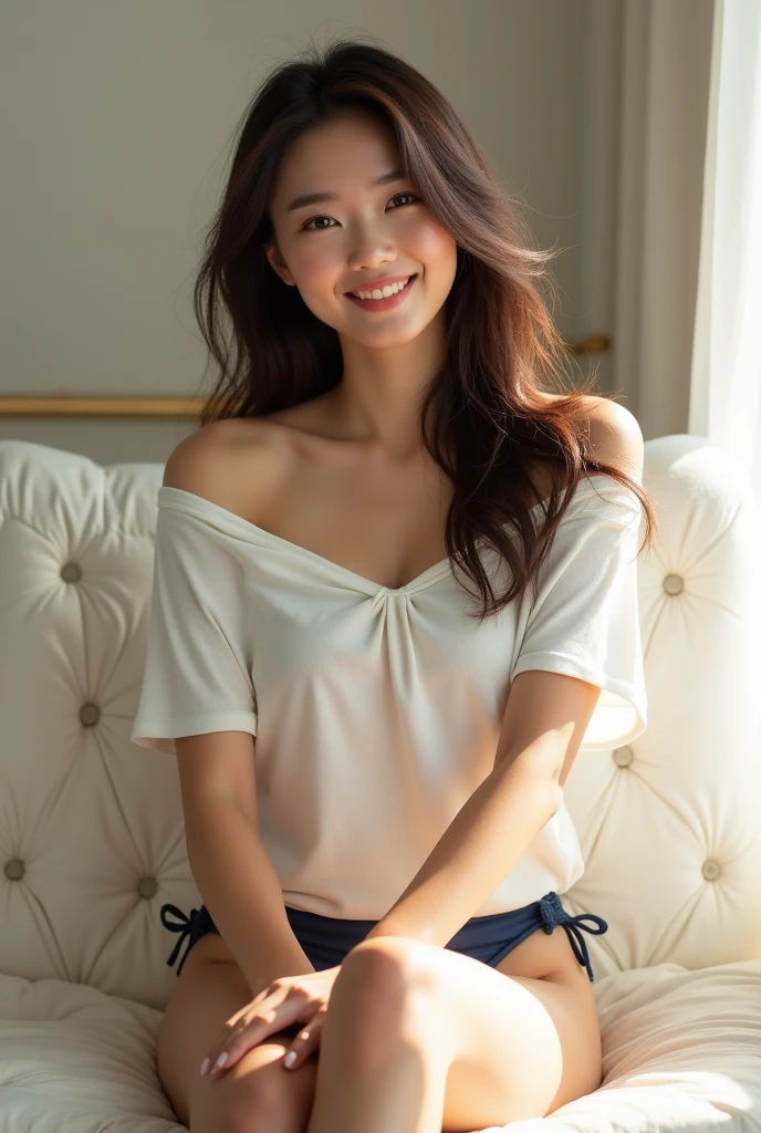 Photorealistic, young Asian woman, long brunette hair, brightly smiling, no makeup, deep brown eyes, wearing off-shoulder long white t-shirt, wearing navy blue bikini panties, barefoot, sitting on a plush white couch, inside a brightly lit modern living room