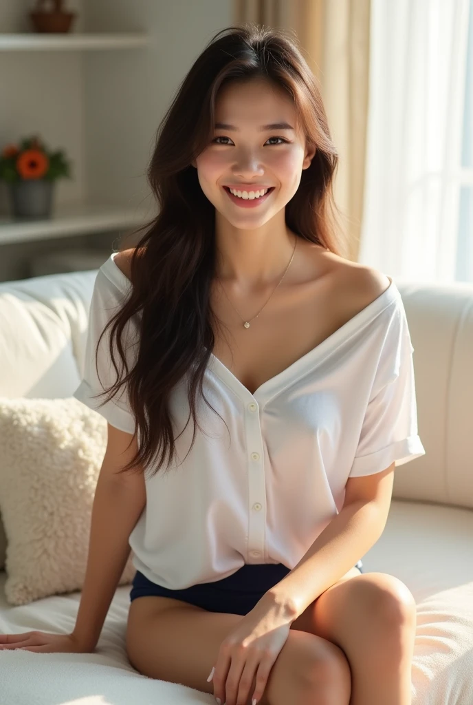 Photorealistic, young Asian woman, long brunette hair, brightly smiling, no makeup, deep brown eyes, wearing off-shoulder long white t-shirt, wearing navy blue bikini panties, barefoot, sitting on a plush white couch, inside a brightly lit modern living room