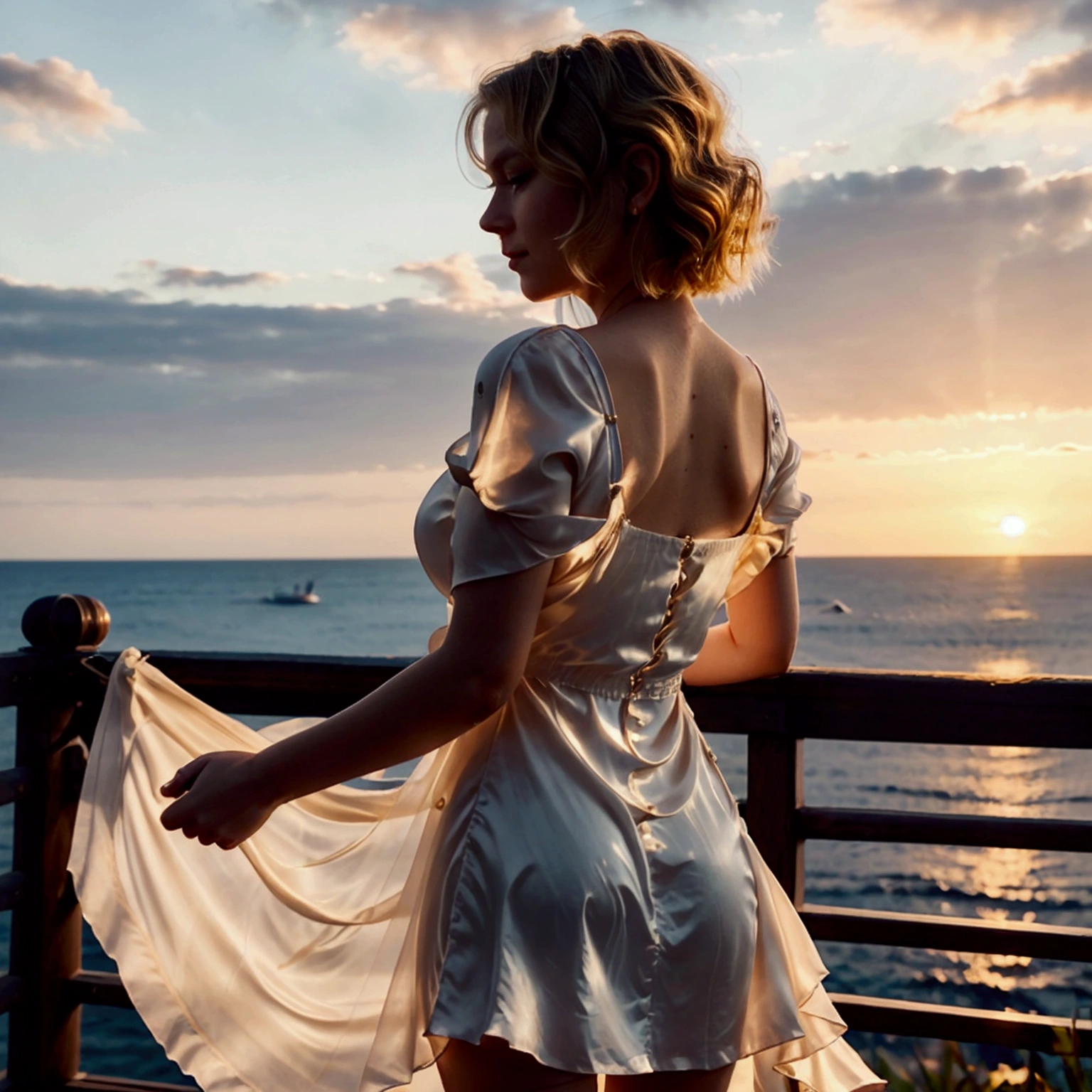 Create a photorealistic image of Anna, 25 years, with short blonde hair, arranged in soft waves, standing with his back to the camera against the backdrop of a bright sunset. Anna is slightly turned in profile, her big blue eyes look at the horizon, and the lips are curved in a gentle smile. straight nose, neatly defined cheekbones and a slightly raised chin add elegance. She is wearing a light silk dress., which moves smoothly in the wind, creating the illusion of flight. The camera is located at hip level, which emphasizes her slender figure and graceful silhouette.