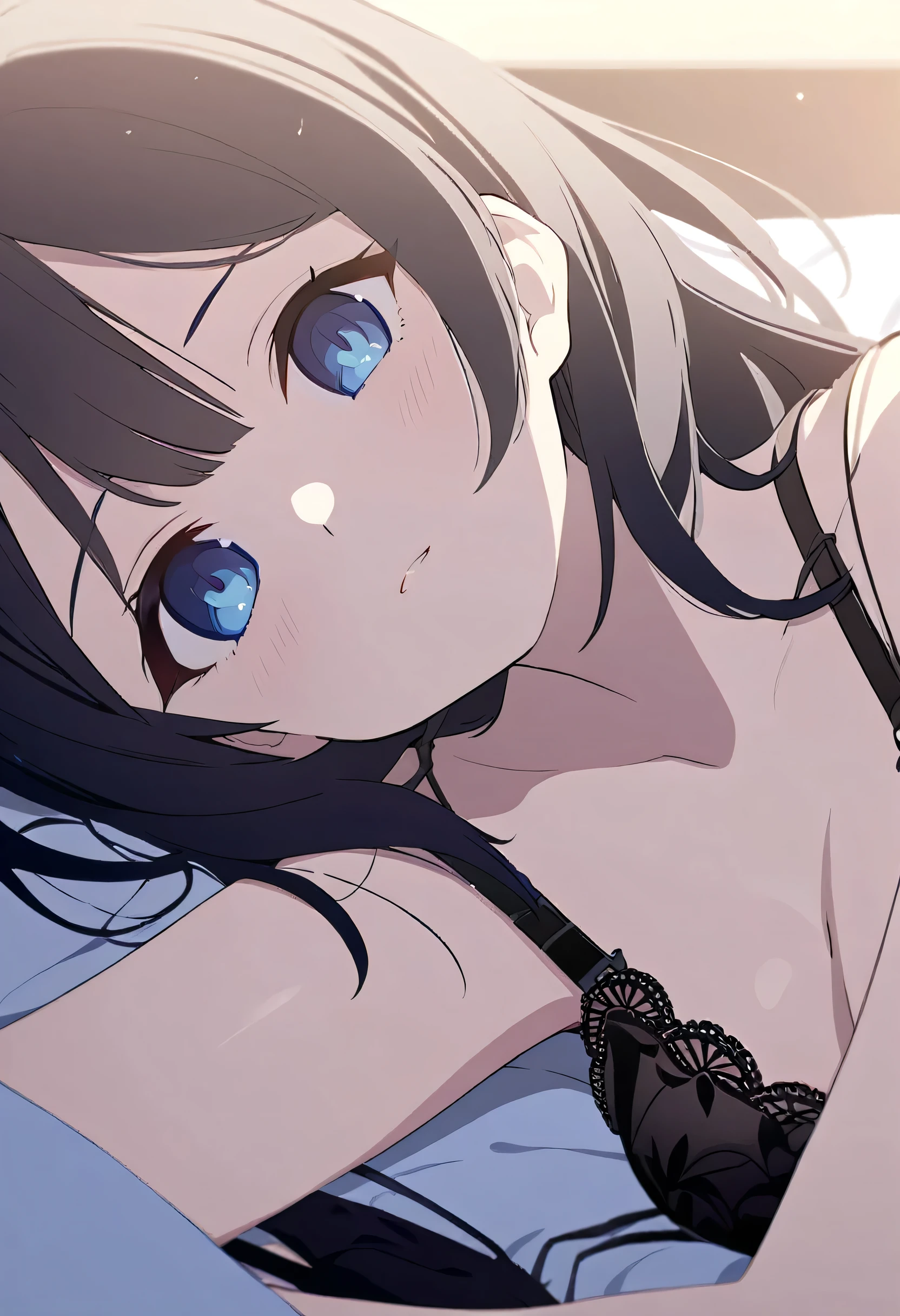 ((detailed)) ((blue eyes)) Girl lying in bed, ((black bra))