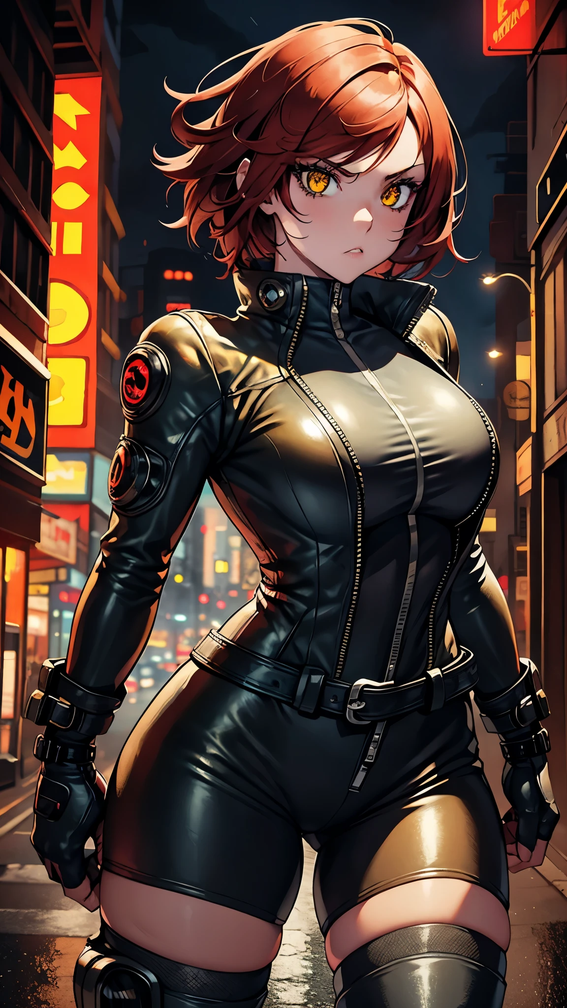 biker girl, motorcycle, Leather one-piece garment, Short hair, yellow glowing eyes, Dark colors, ultra detailed face, long eyelashes, skinny, Cyberpunk, Neon lights, Red hair, long boots, tightsuit, Night, the city street, mitts, rain