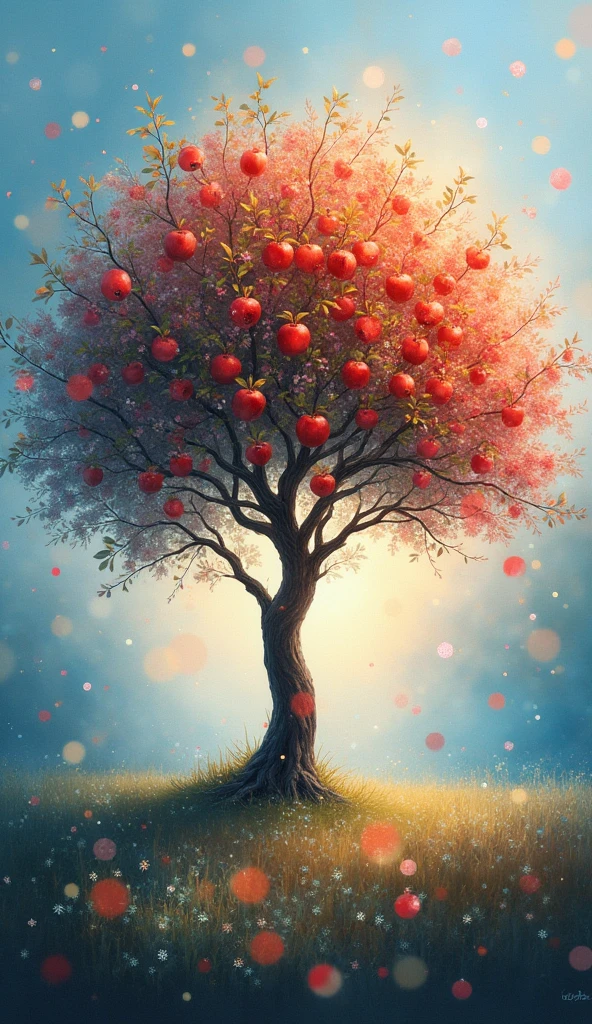 High-quality realistic acrylic art, vivid colors, (best quality, 4K, 8K, high-resolution, masterpiece), ultra-detailed, photorealistic,(Best Quality, masutepiece:1.3),Apple tree,soul card, Line, light Particle, No humans,