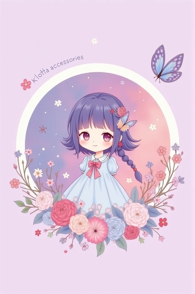 Lodo 2d, in circle, lilac and pink background, I wore a bow and a butterfly, that says the word K'lotta Accessories