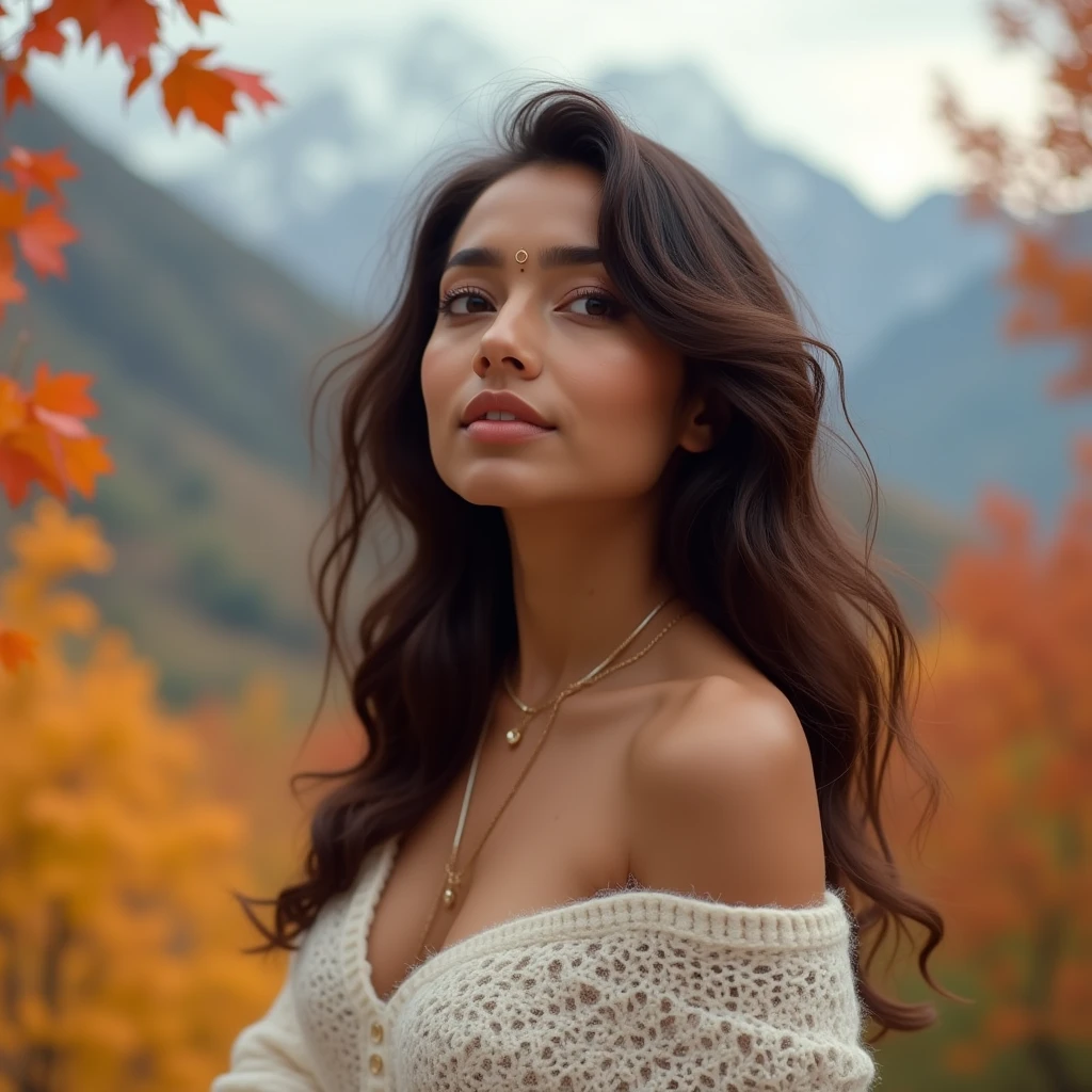 1girl in, 19, Solo, Middle hair,Wavy hair with gradients、 small tit, Looking at Viewer, long messy windy light brown hair, Bare shoulders, Full body, a necklace, off shoulders, White sweater, Realistic, A sexy, Colored leaves, mountains on background.indian girl, looking up,beautiful,bindi