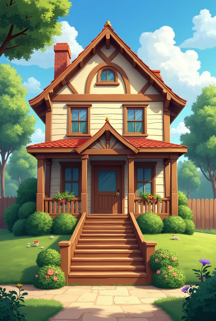 House with 7 steps in front of it to the ground floor, first floor, three front windows for the three rooms and a staircase