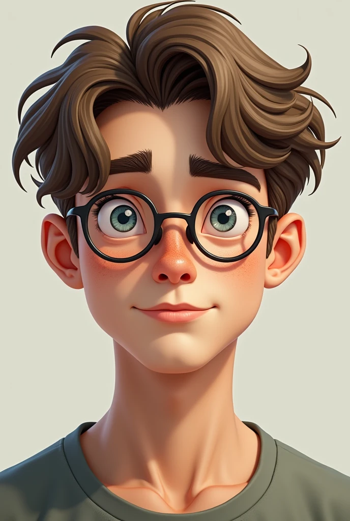 20 year old boy with light brown hair, disheveled, mod-cut court. Round almond-shaped eyes in light blue, long eyelashes and thin eyebrows. Turned-up nose glasses, thicker upper lip, freckles on the cheekbones, oval face nose, low facial fat,jawline Slim Realistic