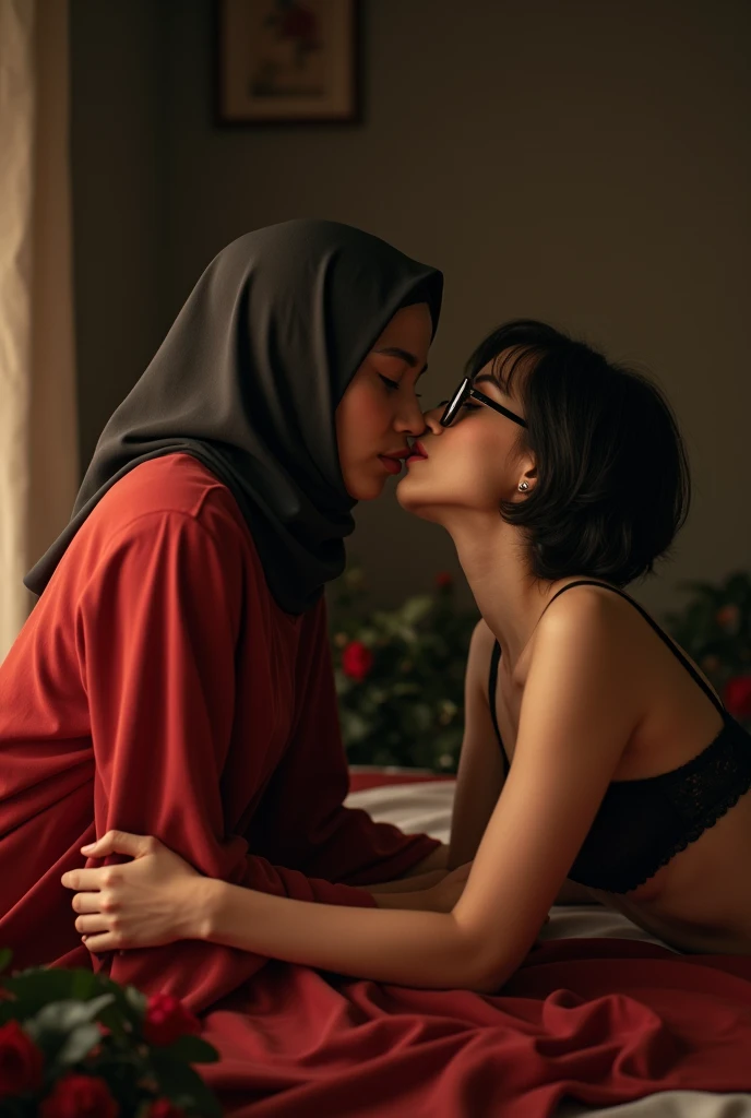 beautiful 35 yo indonesian hijab teacher wearing glass,black bra,medium breast,pale eyes,laying on the table,hug from.behind by a 20 yo woman medium tit,,short hair,wearing red lingerie,kissing,front view,,make out,women on top,lesbian sex,,lips on nipple,front view