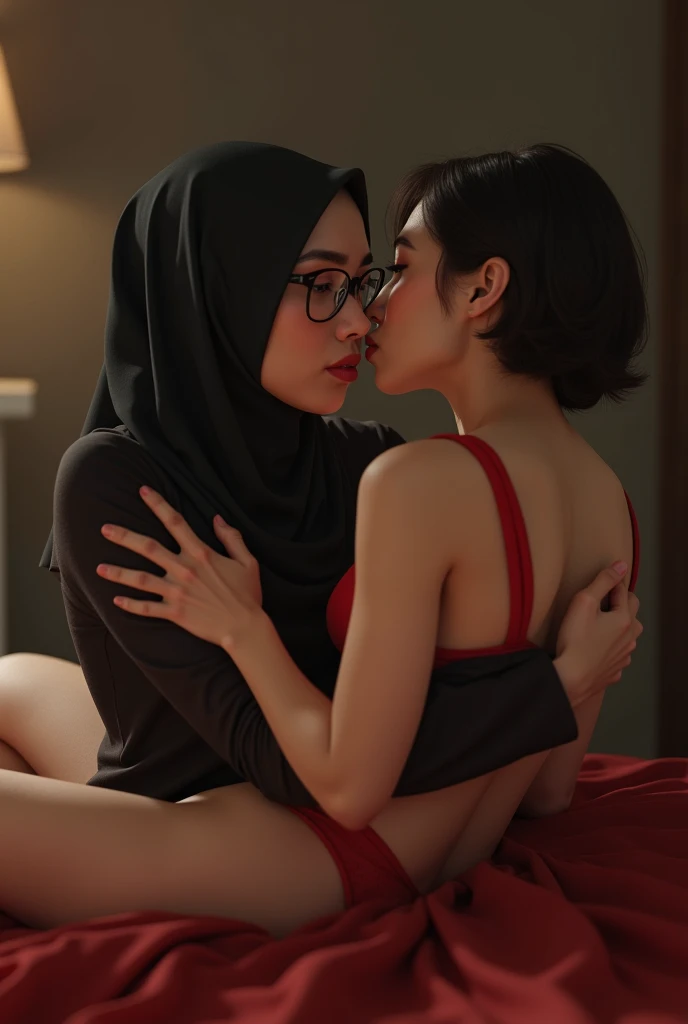 beautiful 35 yo indonesian hijab teacher wearing glass,black bra,medium breast,pale eyes,laying on the table,hug from.behind by a 20 yo woman medium tit,,short hair,wearing red lingerie,kissing,front view,,make out,women on top,lesbian sex,,lips on nipple,front view