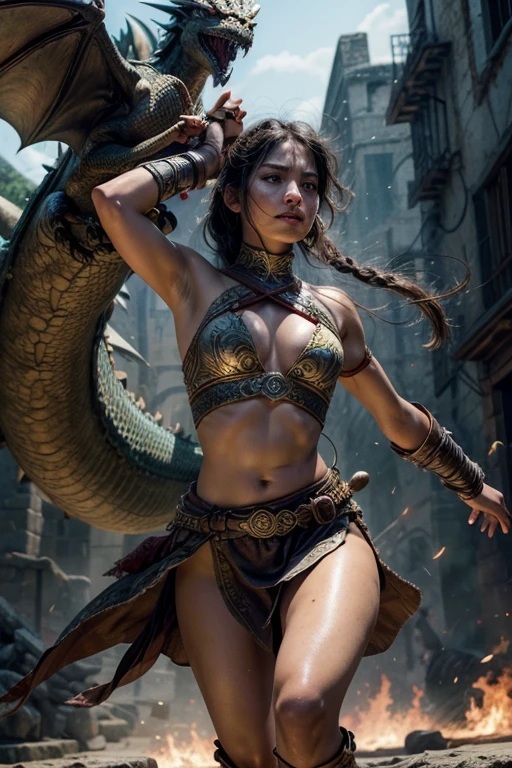 Beautiful warrior, pre-Hispanic, in the middle of a battle, fighting a dragon