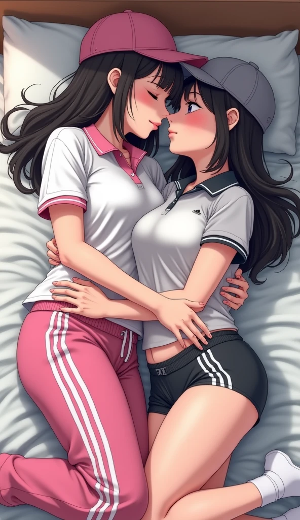 Two girls long black hairs, yuri, hot love scene, hot sex.

The first girl wear a white pink polo shirt pink shirt collar pink sleeves, pink cap, pink adidas sweatpants with three white stripes, black underpants, white socks.

The second girl wore a white grey polo shirt grey shirt collar grey sleeves, grey cap, grey adidas sweatpants with three white stripes, black underpants, white socks.

The hem of their polo shirt was tucked into their pants.

The first girl used her hand insert to inside the grey sweatpants of the second girl and insert her fingers into the vagina of the second girl.

kissing on the bed, sensual body, hugging, closed eyes, lying on the bed, bedroom, novel cartoon, 4K, HD