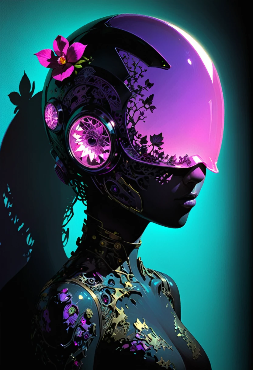 (diffuse gradient background:1.5),showy,Ashley Wood style,(in the style of Conrad Roset:1.3), chart,Conrad Roset drawing close up, a robot with a helmet ,(glass mask with color gradient:1.3),(bright dark orchid neon:1.7),( (neon glowing crystal clear helmet:1.8),There is no facial contour),(The robot is aged with moss on its rusty bronze armor:1.2),evening,Shadows of moonlight,dramatic lighting,gradient pop surrealism,pop art [(Details:1.2): [ (many small Details:1.3) : [ (many ultrasmall Details: 1.2):(Highly detailed ultra-small edges and micro-relief.:1.5):0.7 ]: 0.4 ] :0.2], Detailed break,(darkness:1.5),(very detailed shadows:1.5),absolute shadows,absolute darkness,