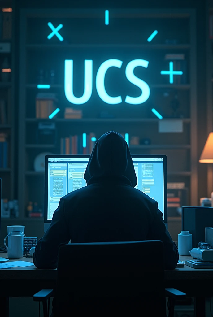 Anonymous person whose face is not seen researching in front of the computer with the UCSS logo