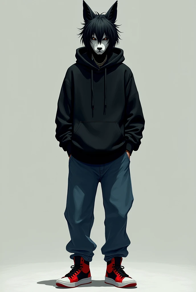 a short shaggy black hair male who has a kitsune mask always on face with a plain XL black hoodie and L blue jeans red and black shoes