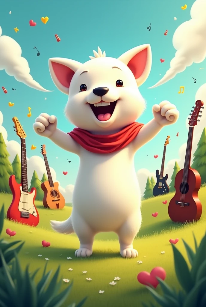 smiling white animal hero, standing, background fields full of musical instruments, comic, 